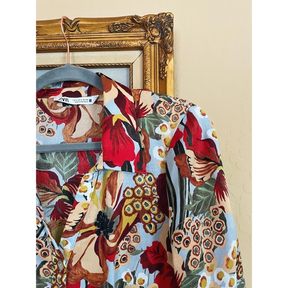 ZARA Blue Silky Satin Floral Printed Long Sleeve Button Down Midi Shirt Dress - Picture 4 of 17